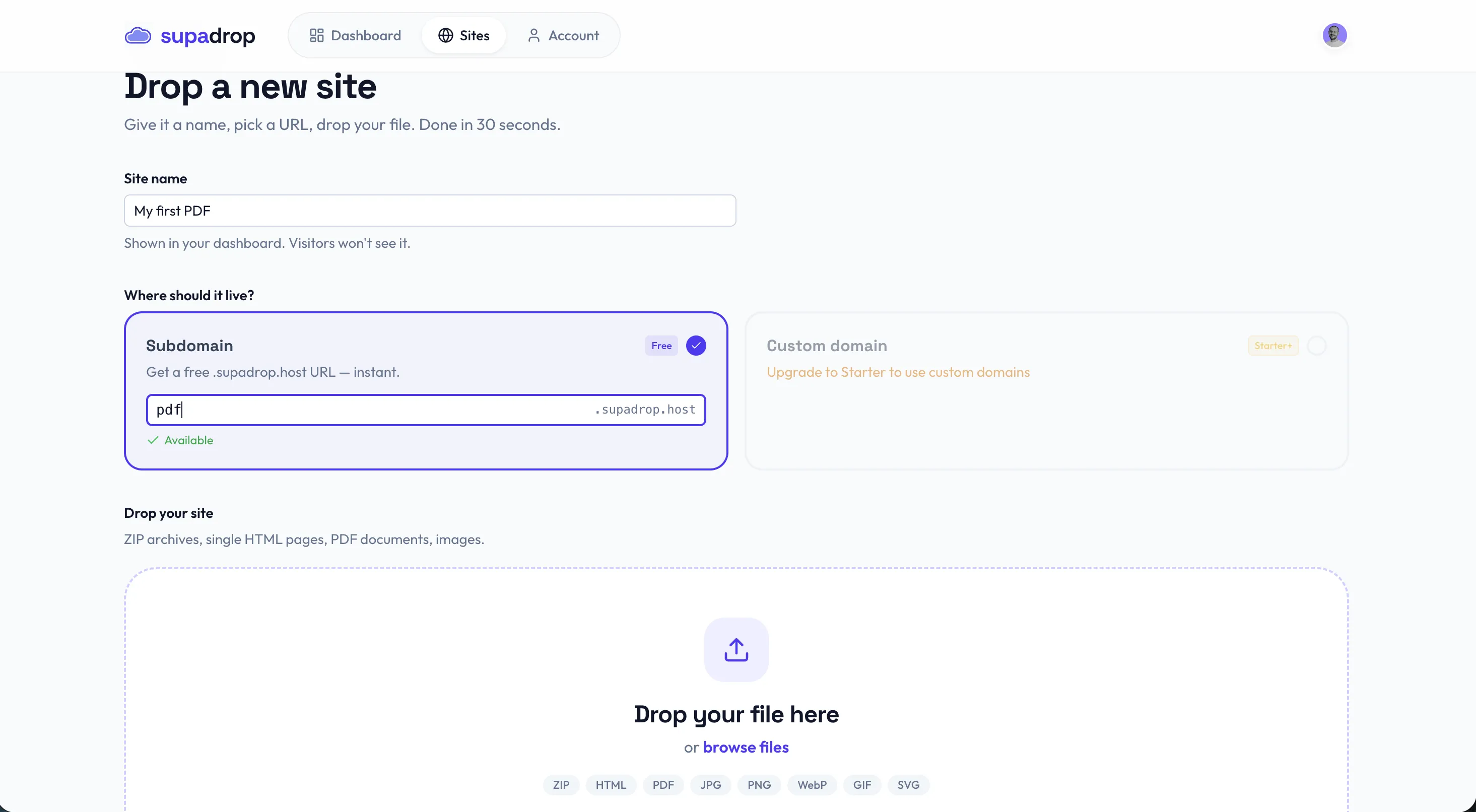 Supadrop site creation form with site name, subdomain picker, and drop zone to upload a PDF file