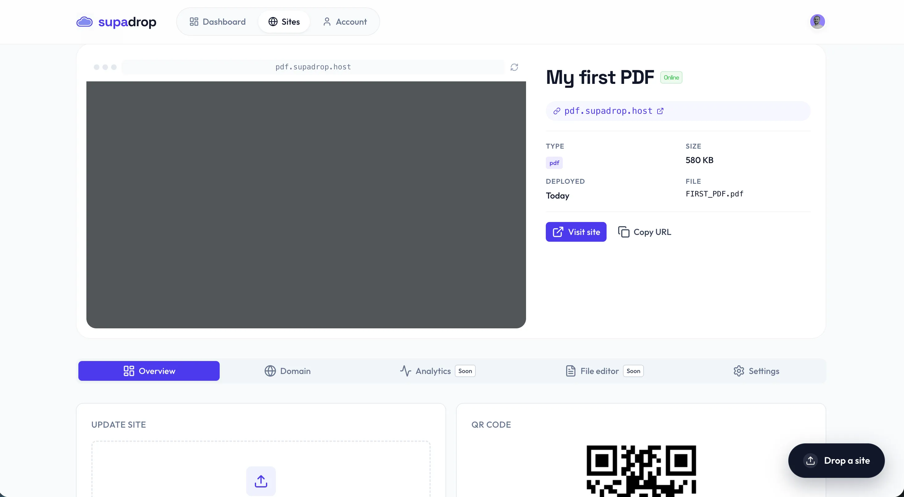 Deployed Supadrop site showing the live PDF preview, public URL, copy button, and the auto-generated QR code ready to download