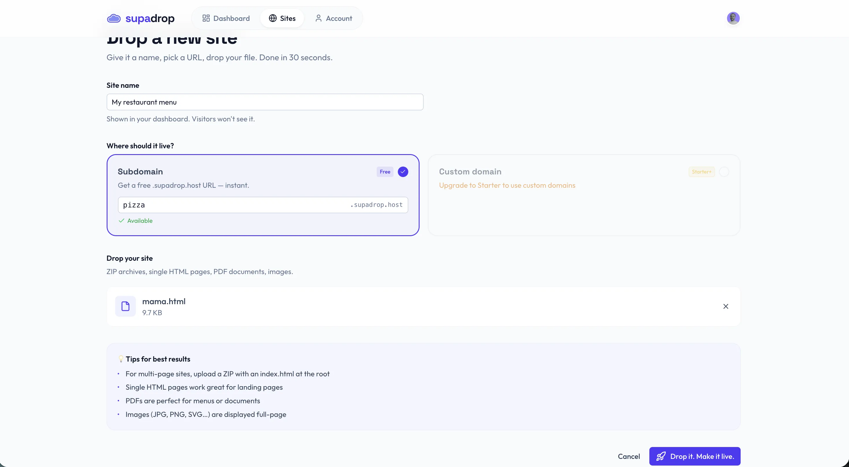 Supadrop site creation form showing a restaurant menu upload with subdomain picker and file drop zone