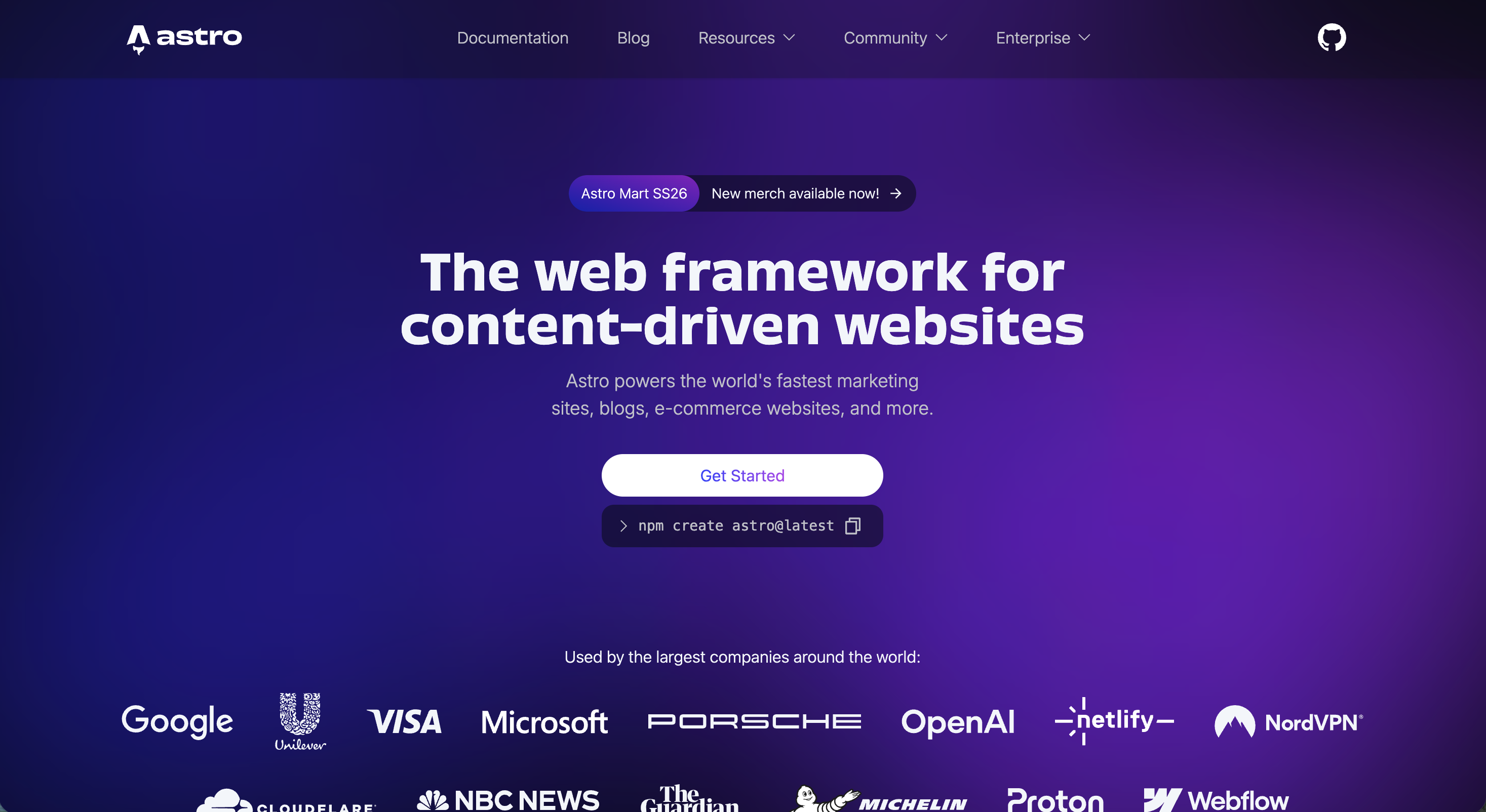 Astro's homepage with a dark starry background, the headline "The web framework for content-driven websites," code examples, and logos of companies using Astro