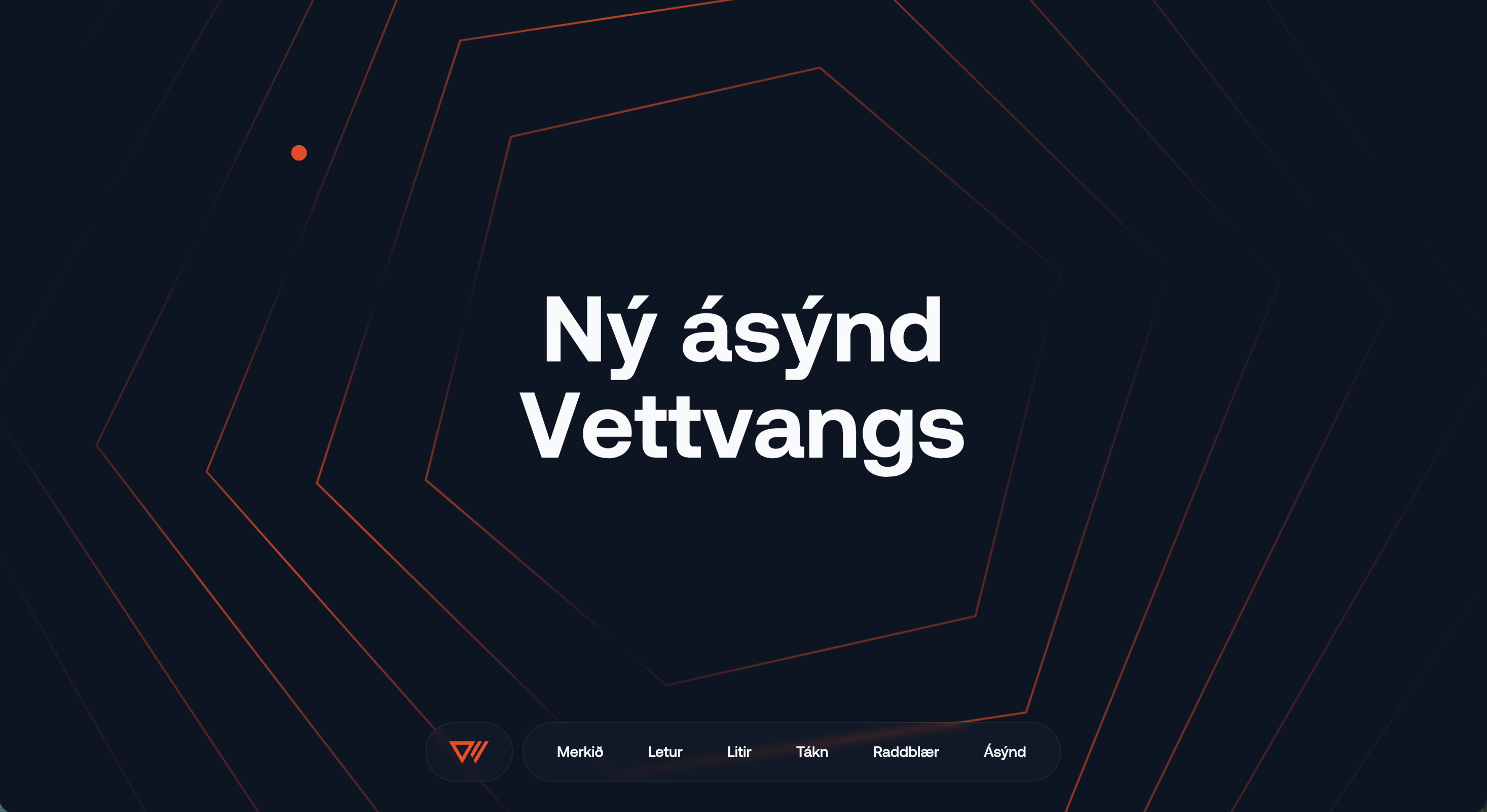 Vettvangur's brand guidelines site with a dark background, geometric angular lines in red, bold Icelandic typography "Ny asynd Vettvangs," and a navigation bar with categories for brand elements
