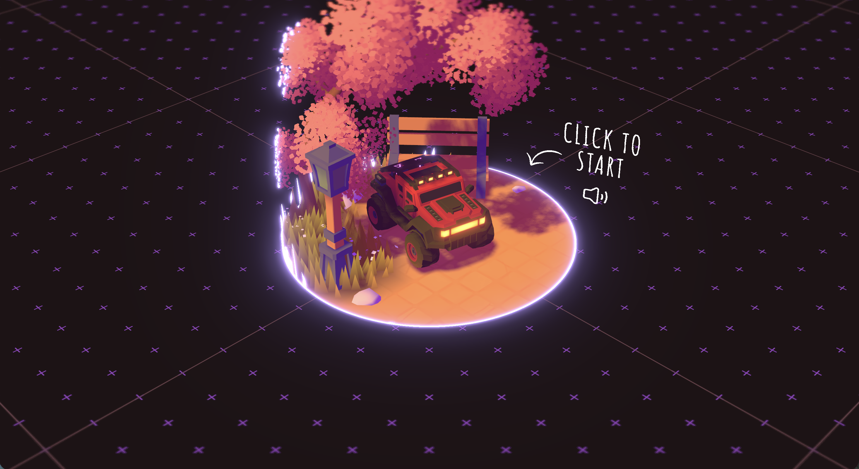 Bruno Simon's 3D portfolio showing an interactive scene with a toy jeep, cherry blossom tree, and a "Click to Start" prompt on a dark background