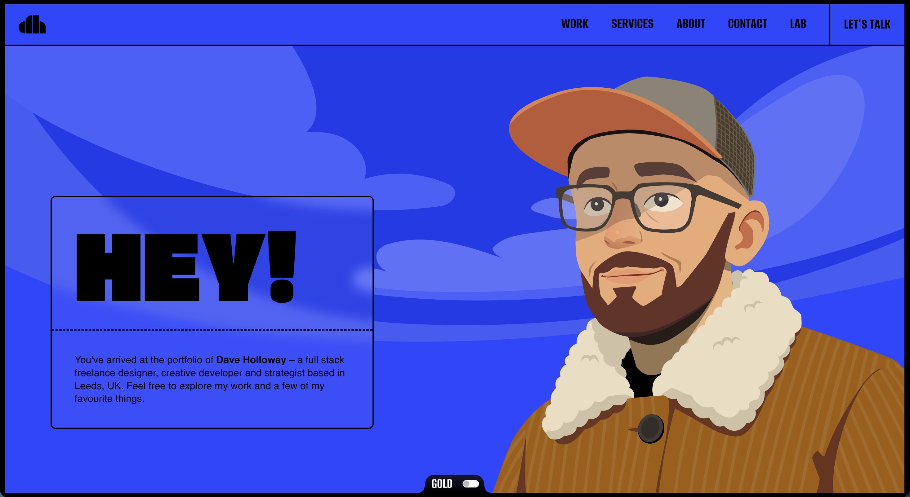 Dave Holloway's freelance portfolio with a bold illustrated self-portrait in a brown jacket, a large "HEY!" heading, and navigation links for Work, Services, About, Contact, and Lab