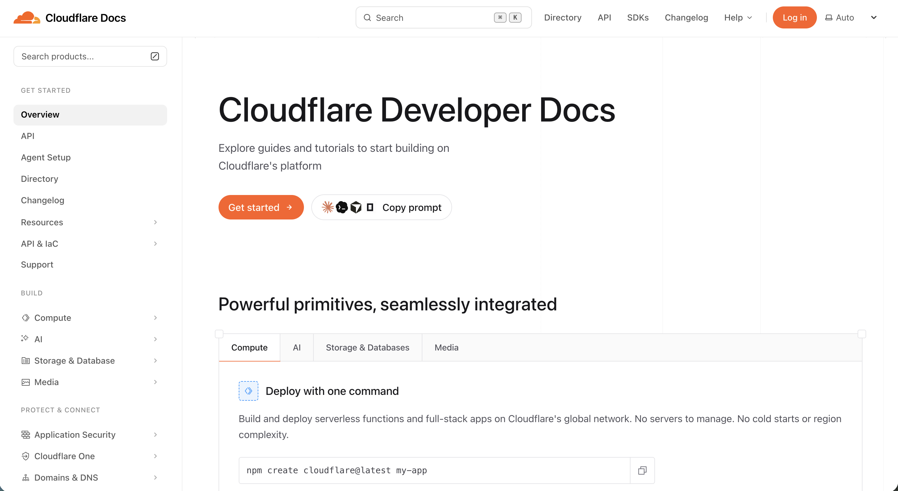 Cloudflare developer documentation homepage showing the navigation sidebar, search bar, and product categories for Workers, Pages, and other services