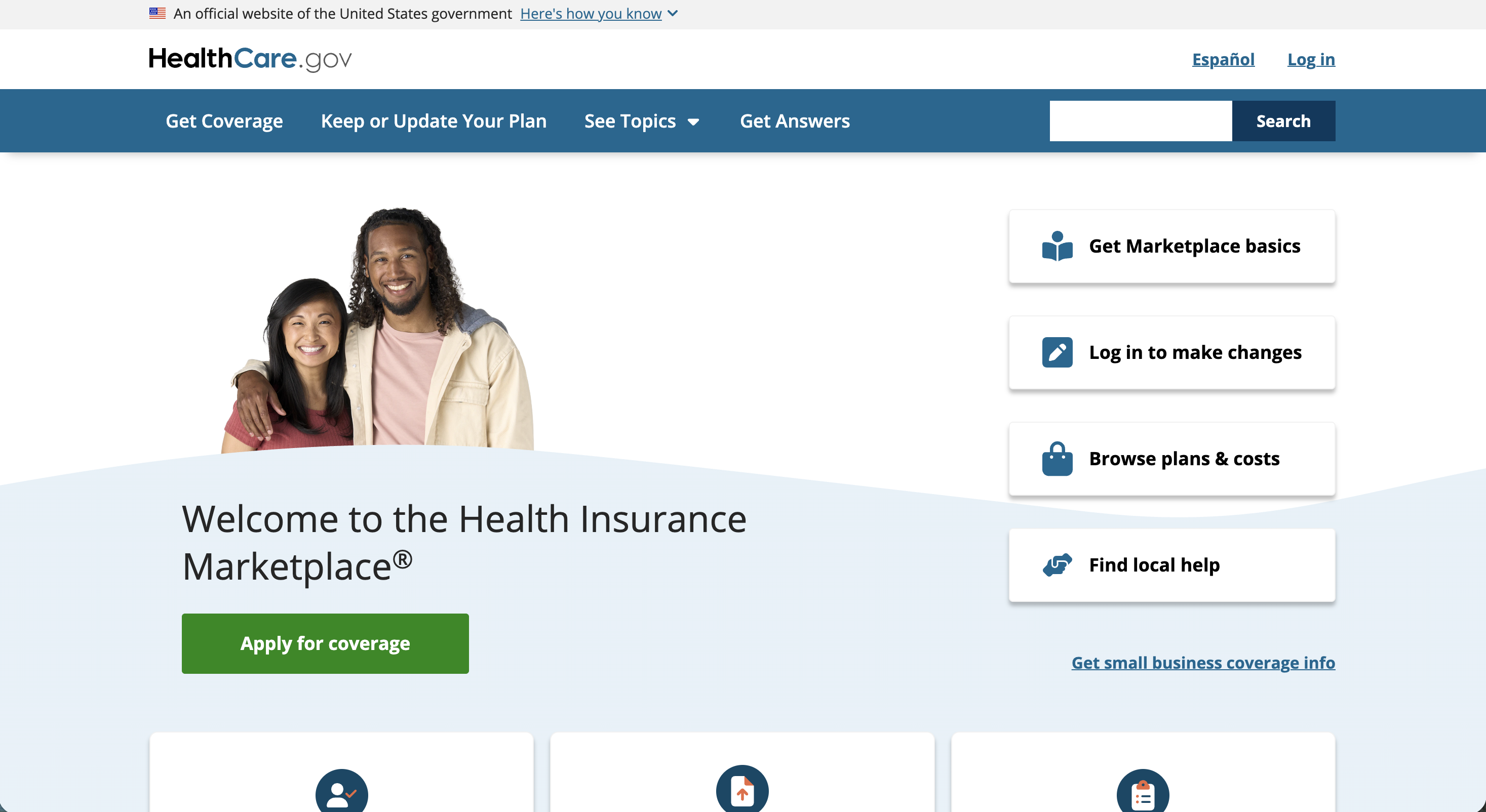 Healthcare.gov homepage showing the U.S. government's health insurance marketplace with "Health Insurance" heading, plan options, enrollment information, and a search interface