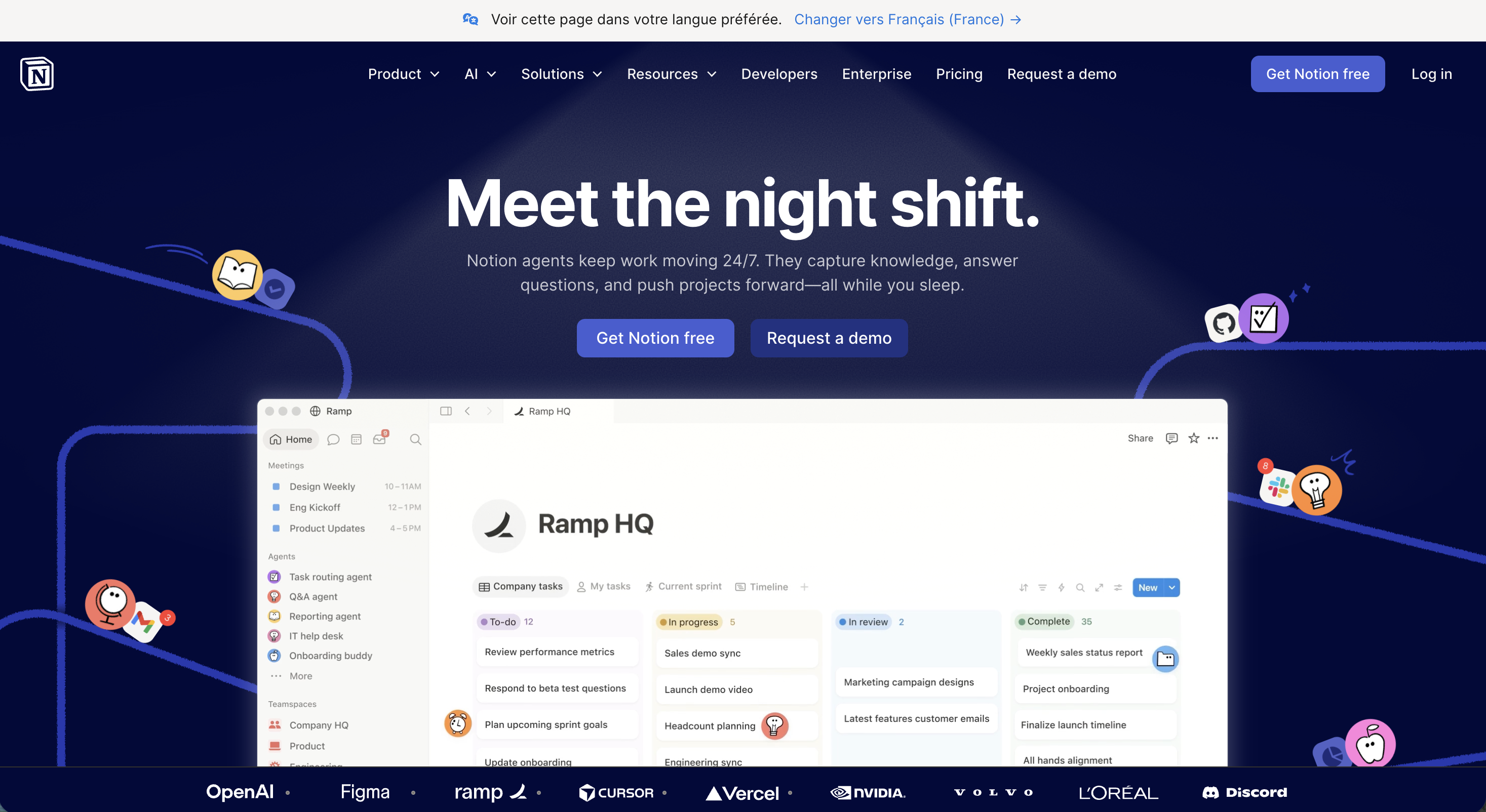 Notion's homepage with a dark blue gradient background, the headline "Meet the night shift" promoting AI agents, call-to-action buttons, and logos of OpenAI, Figma, Ramp, Cursor, Vercel, NVIDIA, and L'Oreal