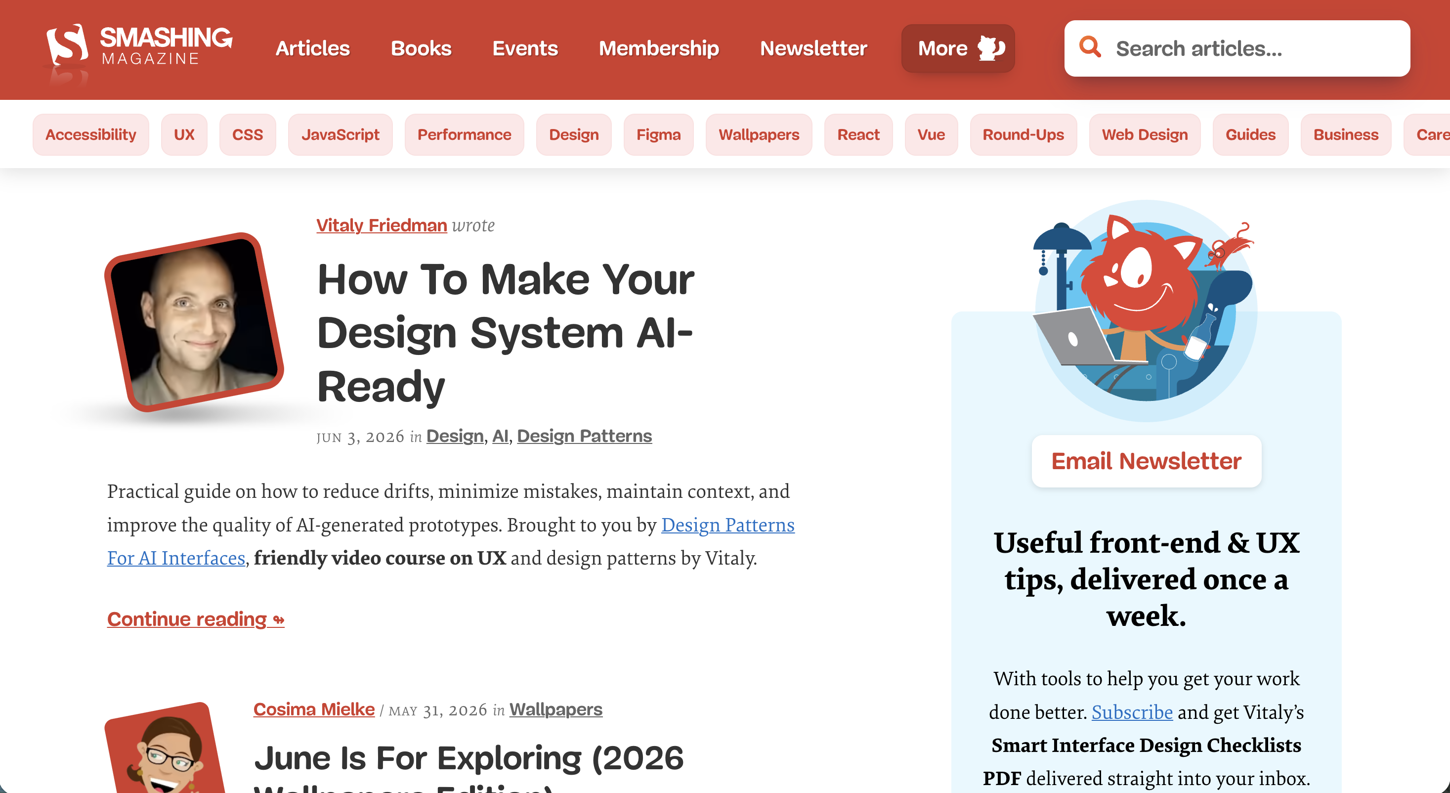 Smashing Magazine's homepage showing article cards with colorful cat illustrations, topics covering CSS, UX, and accessibility, with the publication's signature orange branding