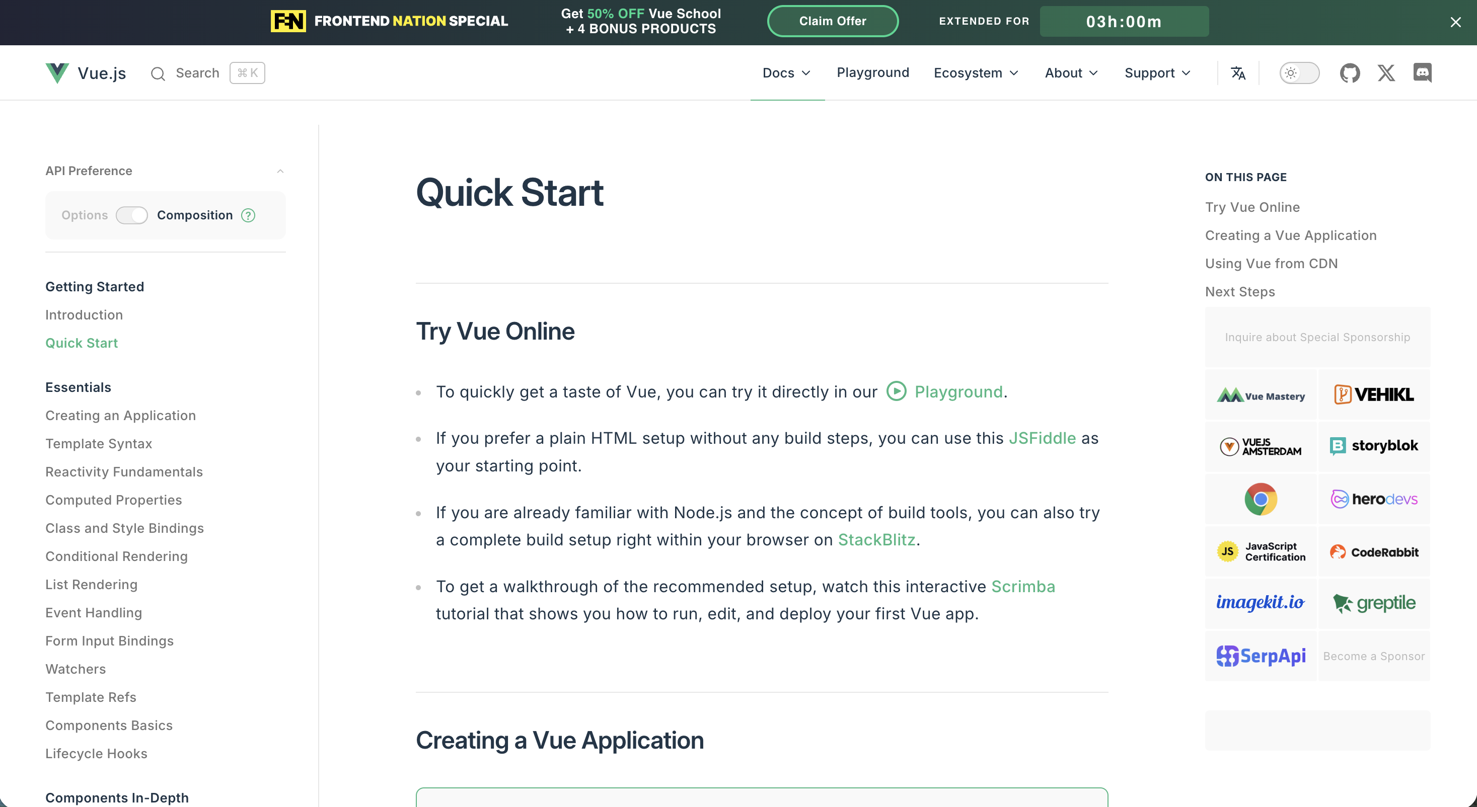 Vue.js documentation homepage showing the framework's landing page with navigation, feature highlights, and getting-started content