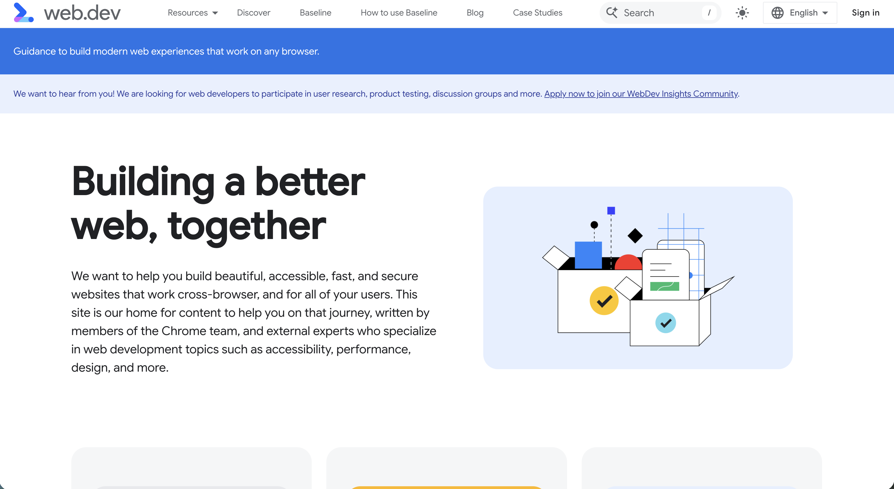 Google's web.dev blog showing article cards about web performance, Core Web Vitals, and development best practices with a clean, minimal layout