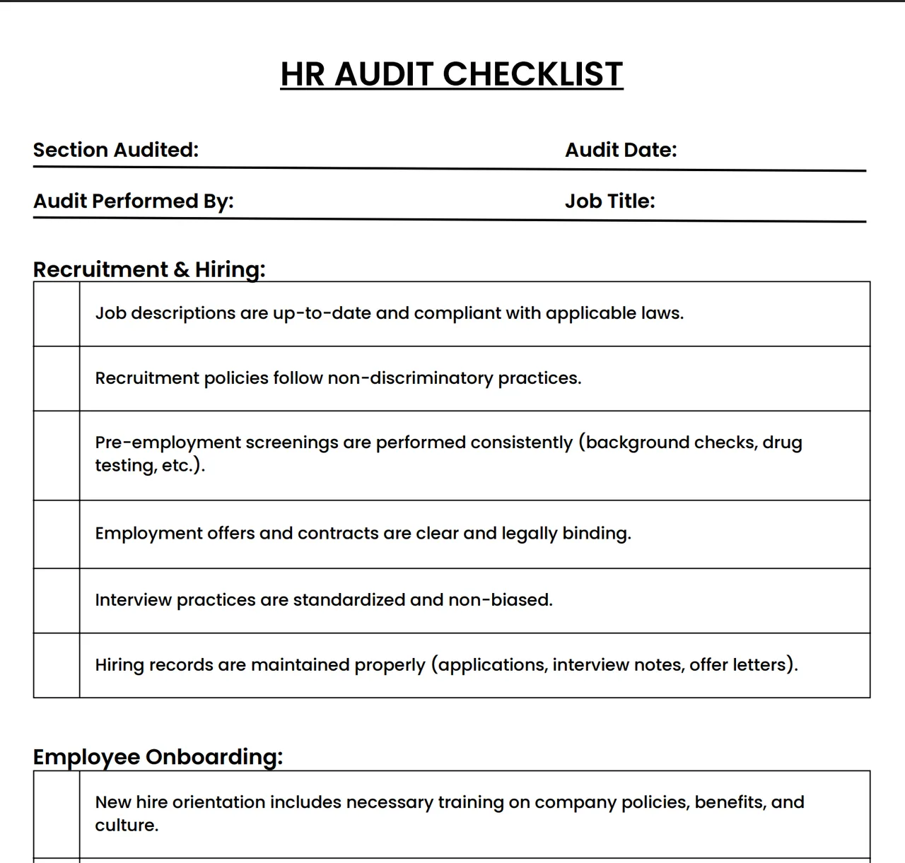 Screenshot of HR Audit Checklist, an audit checklist hosted on Supadrop