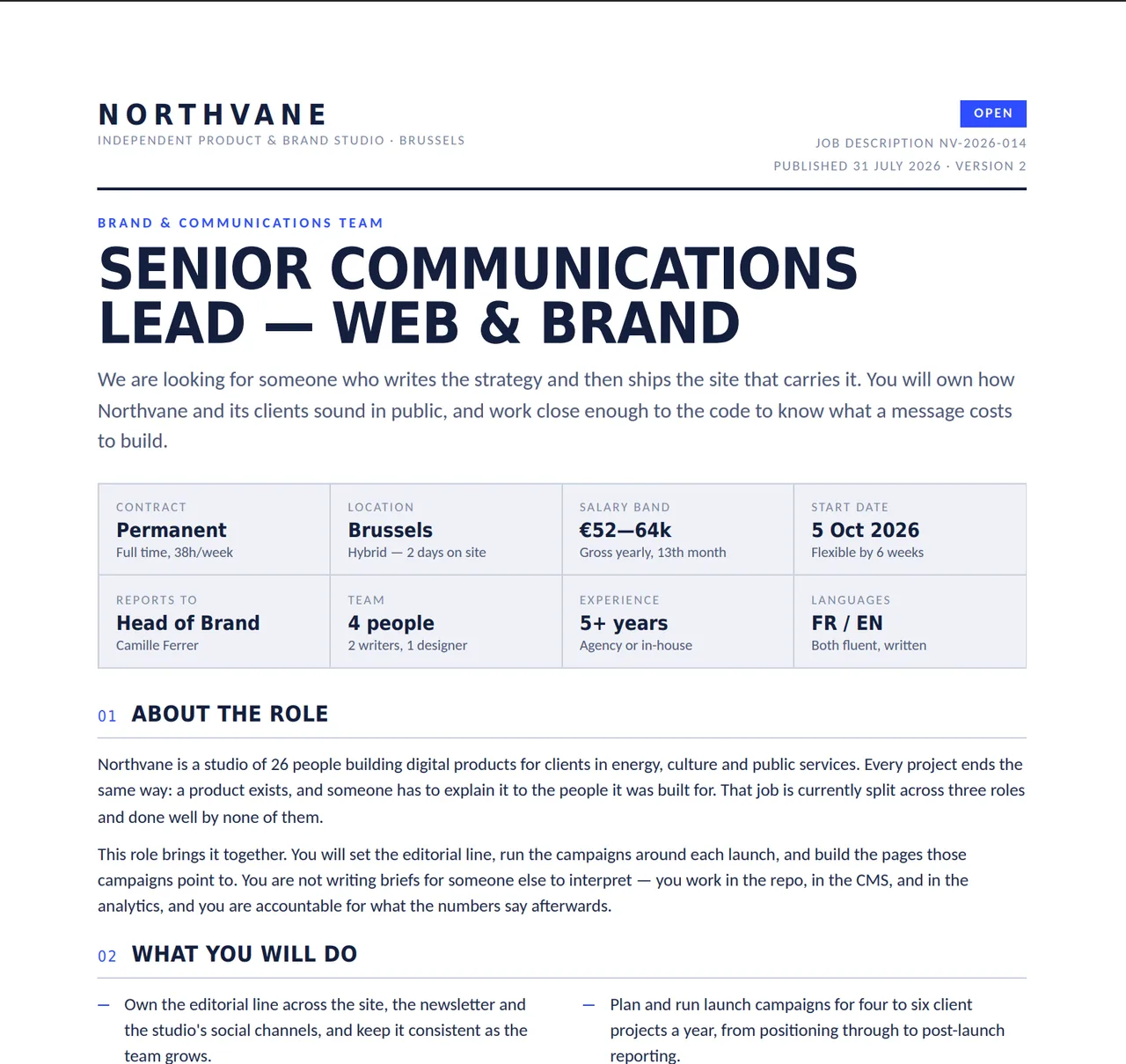 Screenshot of Northvane, a job description hosted on Supadrop