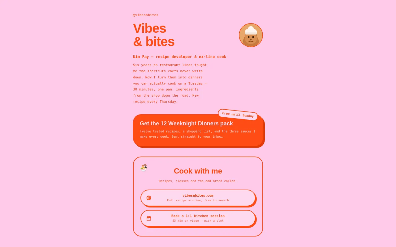 Screenshot of Vibes & Bites, a link-in-bio page hosted on Supadrop
