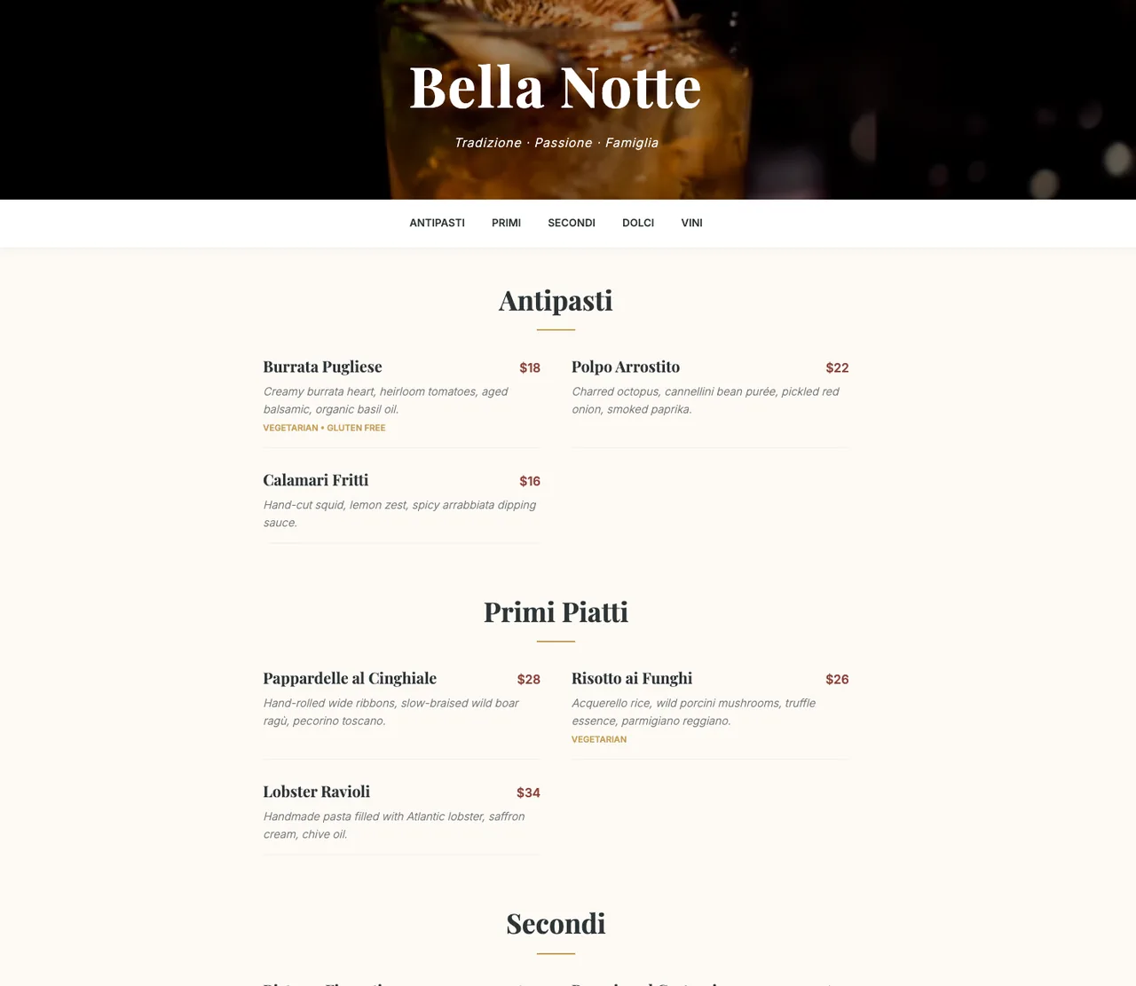 Screenshot of Bella Notte, a restaurant menu hosted on Supadrop