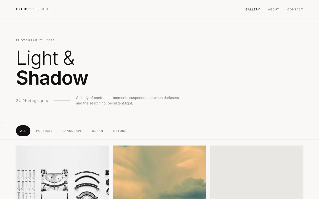 Screenshot of Exhibit Studio, a photography portfolio hosted on Supadrop