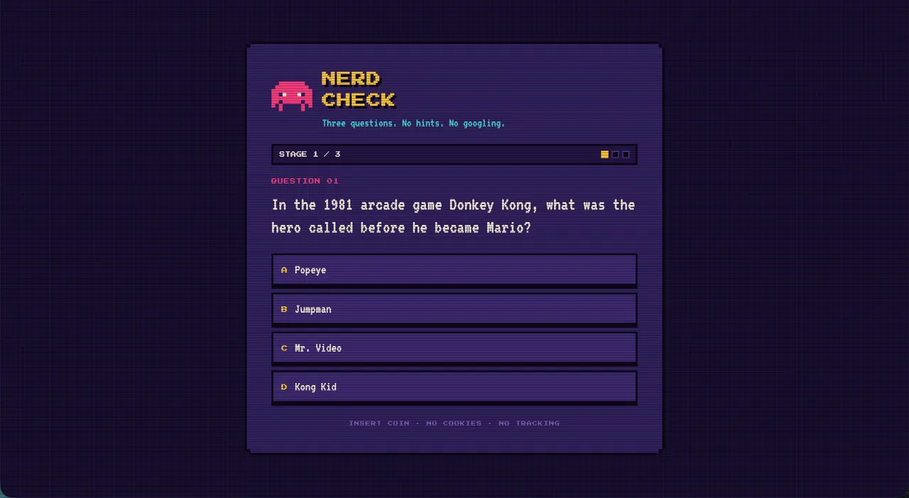 Screenshot of Nerd Check, a quiz app hosted on Supadrop