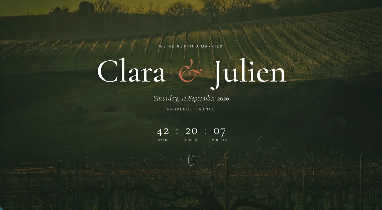 Screenshot of Clara & Julien, a wedding site hosted on Supadrop