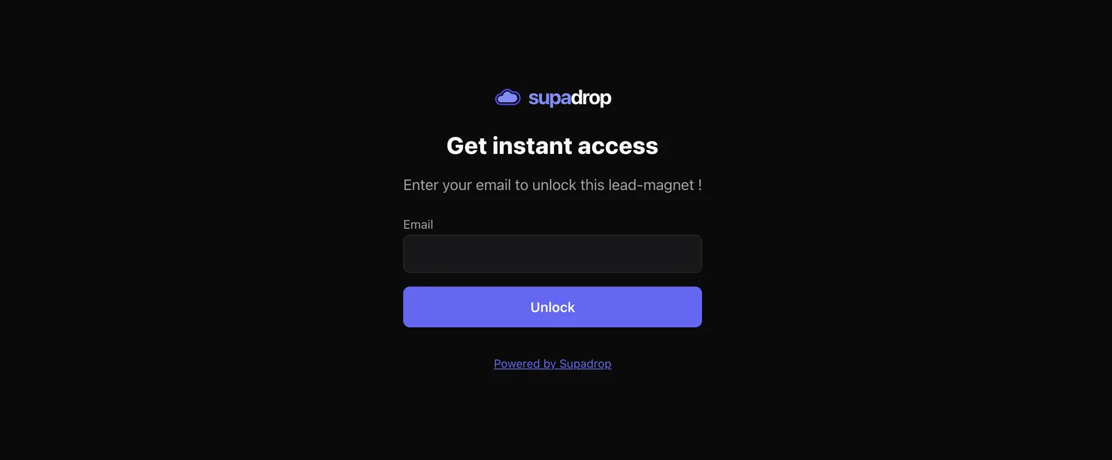 Email capture page preview with the Get instant access headline, a description, an email field, and an Unlock button