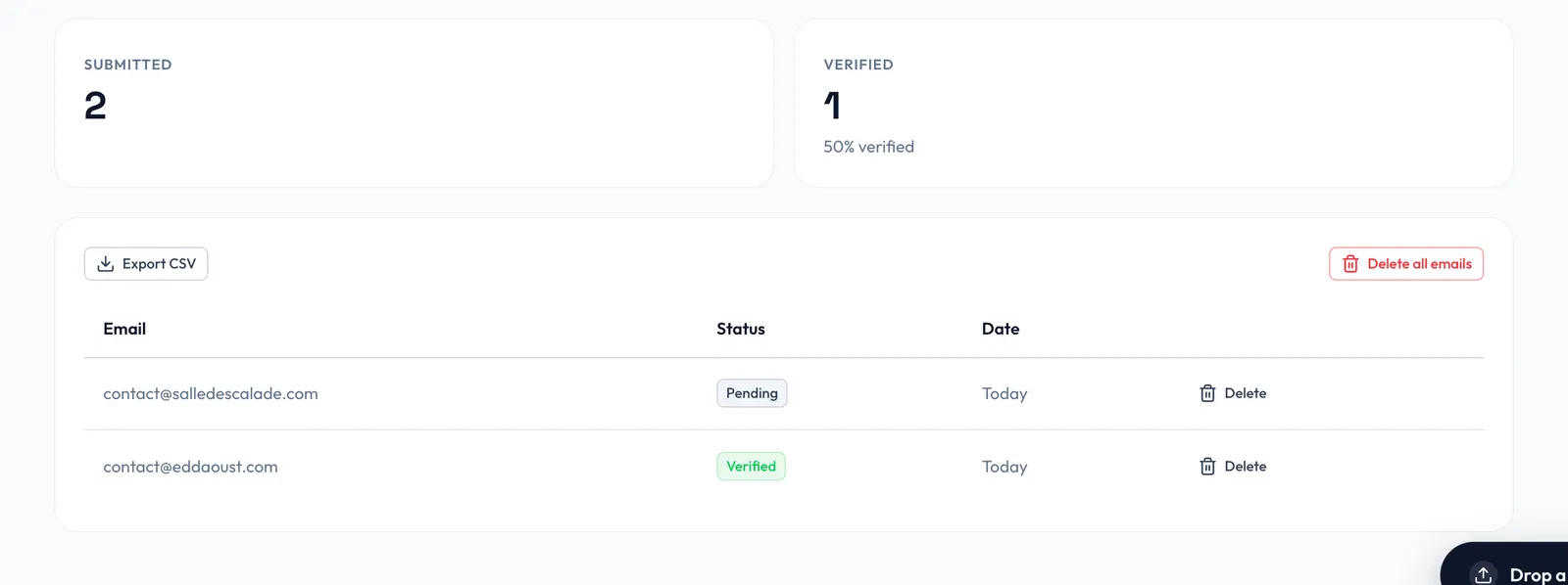 Supadrop email list with Submitted and Verified counters, an Export CSV button, and a table of emails with Pending and Verified statuses