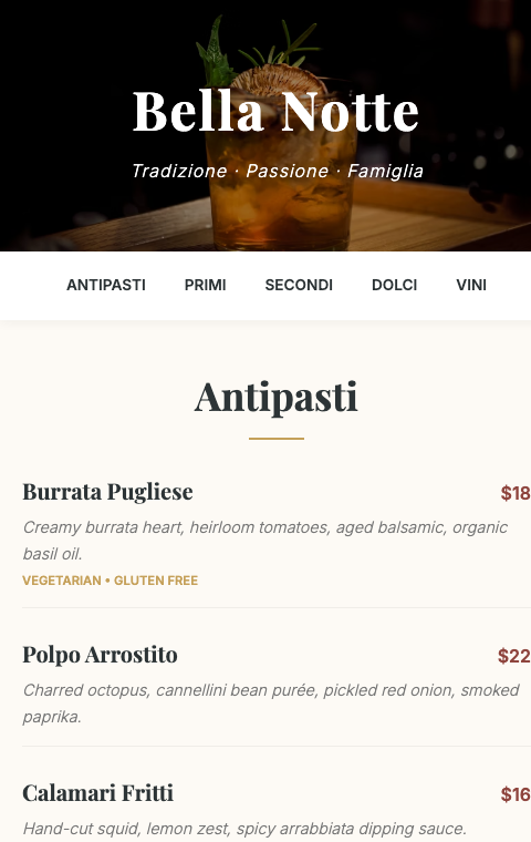 Preview of the Elegant Italian restaurant menu template
