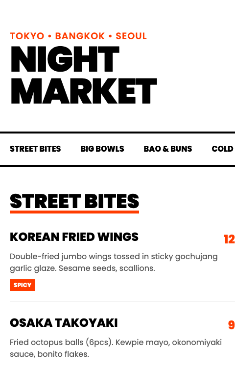 Preview of the Night Market restaurant menu template